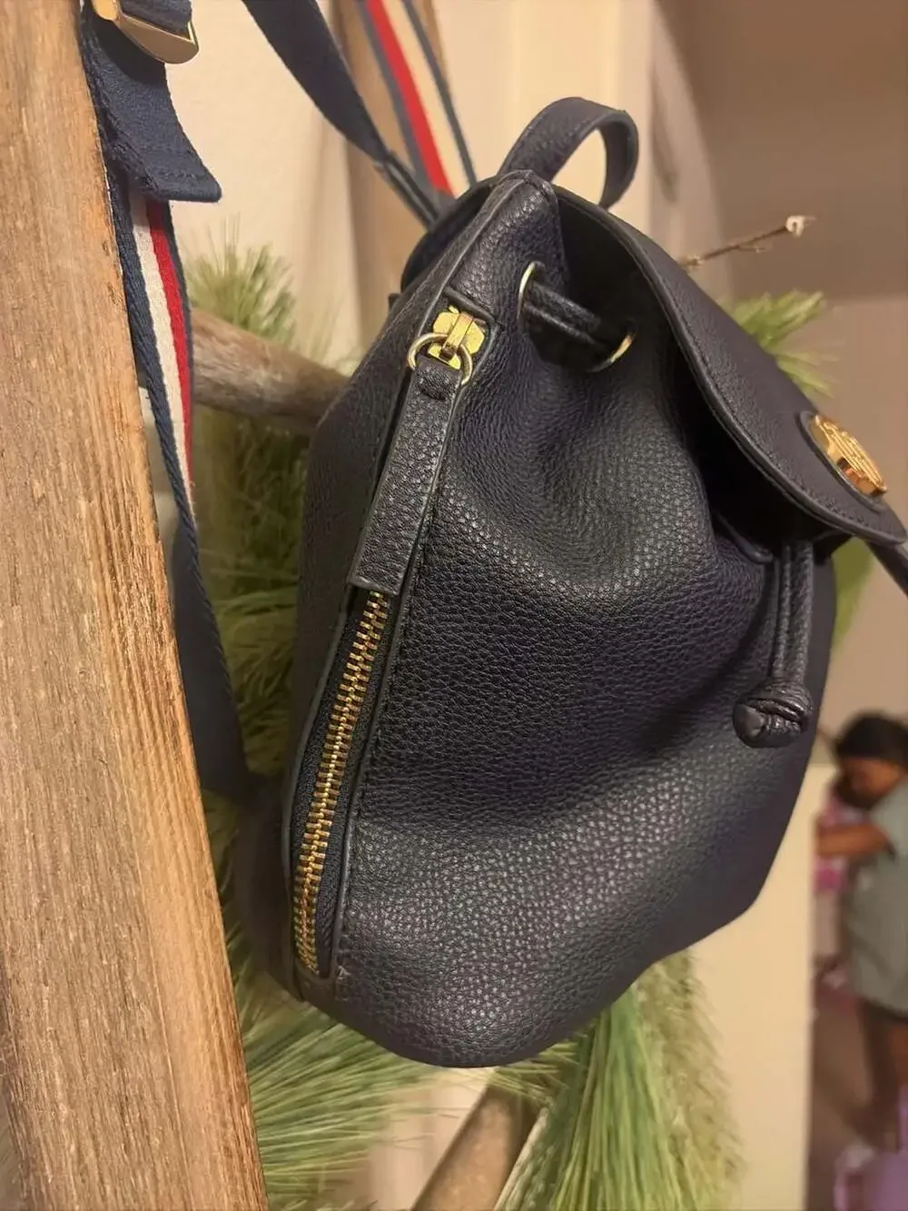 Tommy Hilfiger Navy Blue Faux Leather Drawstring Small Backpack with Striped Str